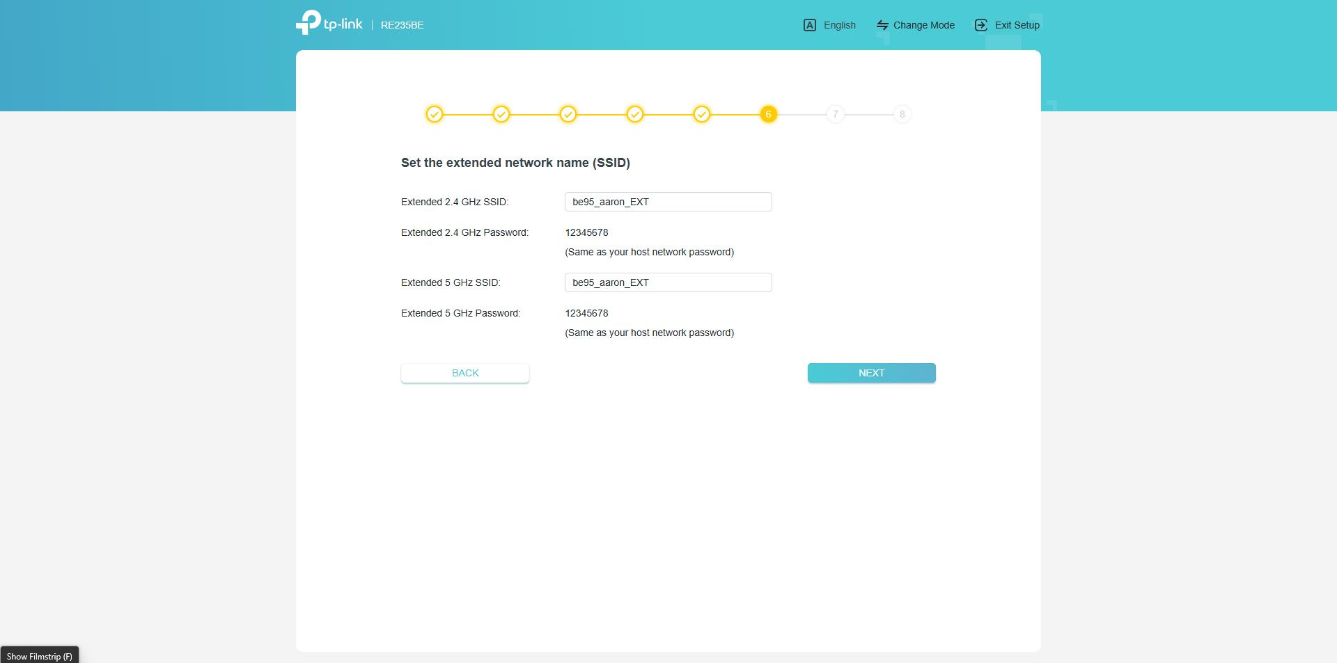 The Quick Setup page for changing the extender’s Wi-Fi name.