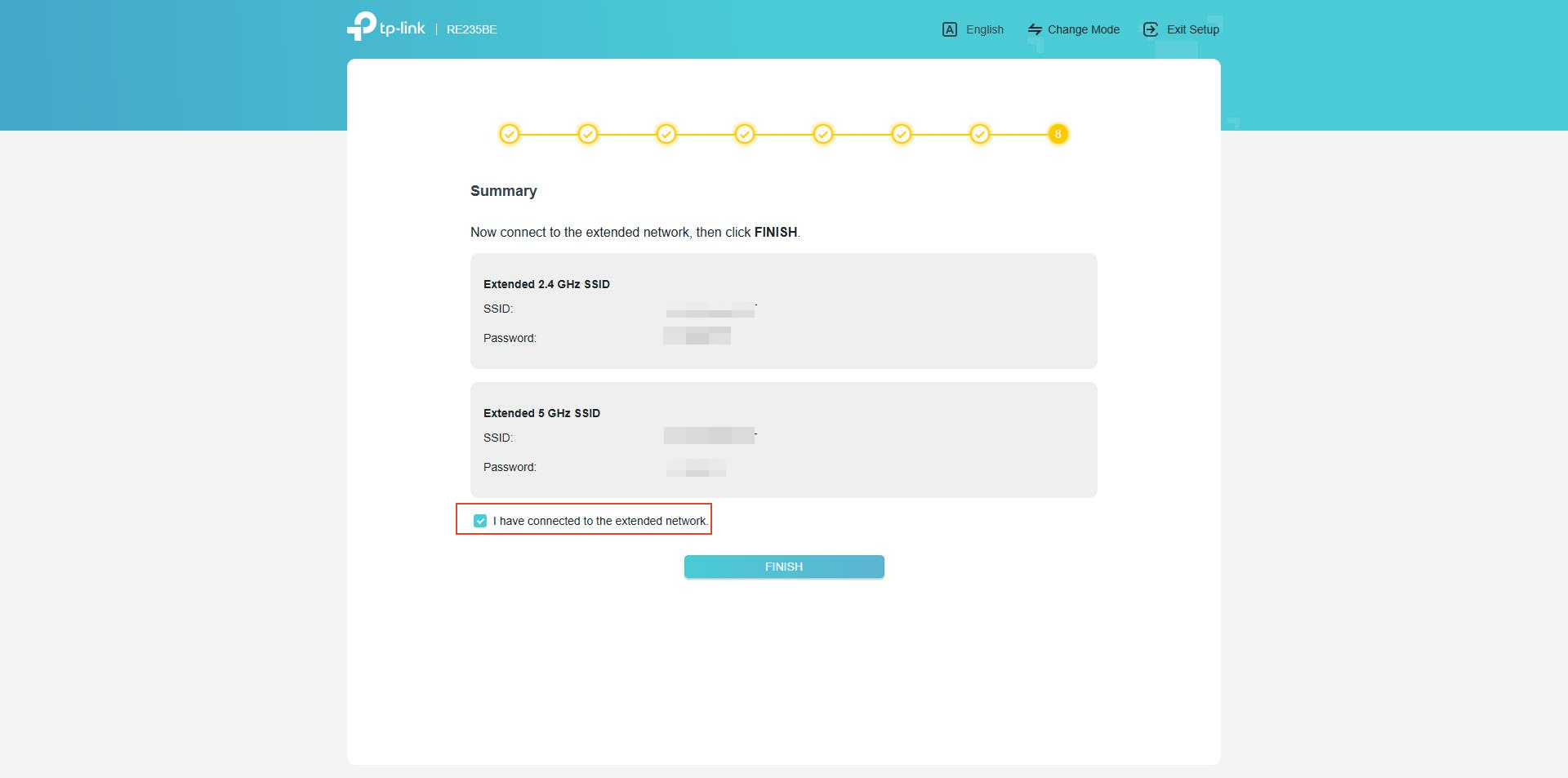 The interface displays the extender’s Wi-Fi name and password for you to connect.