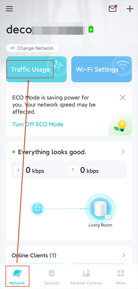The Traffic Usage position on the Deco Network page.