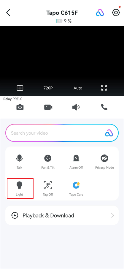 Tap the Light icon on the live view page to control the floodlight manually.