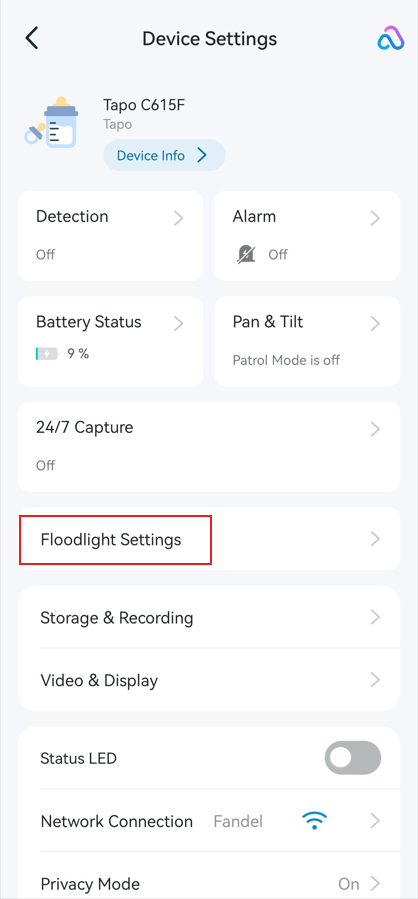 Select Floodlight Settings under camera device settings.