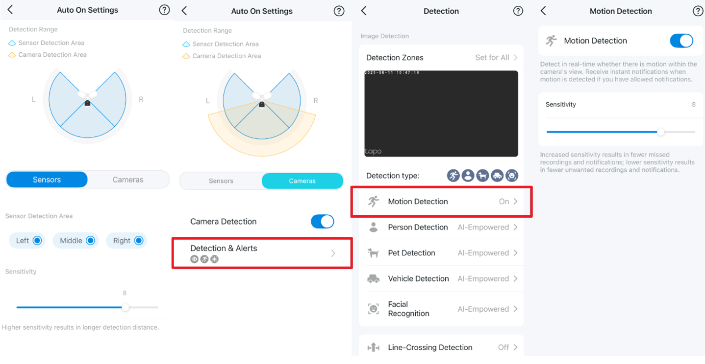 Configure the sensor detection and camera detection settings.
