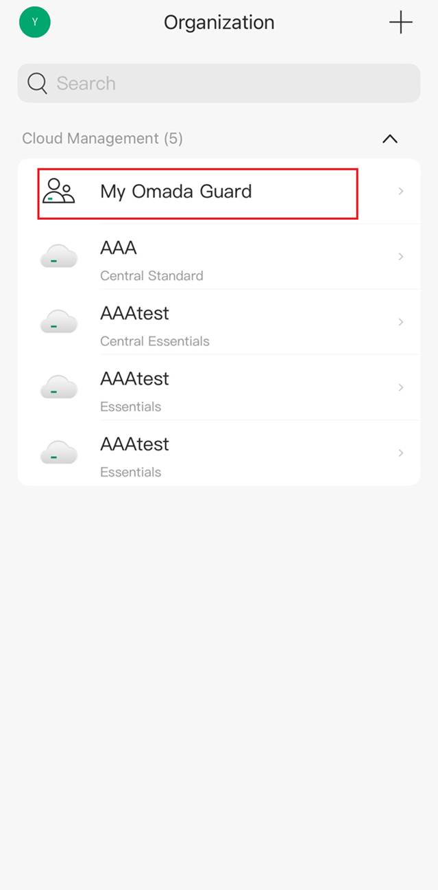 Omada Guard app page to select organization.