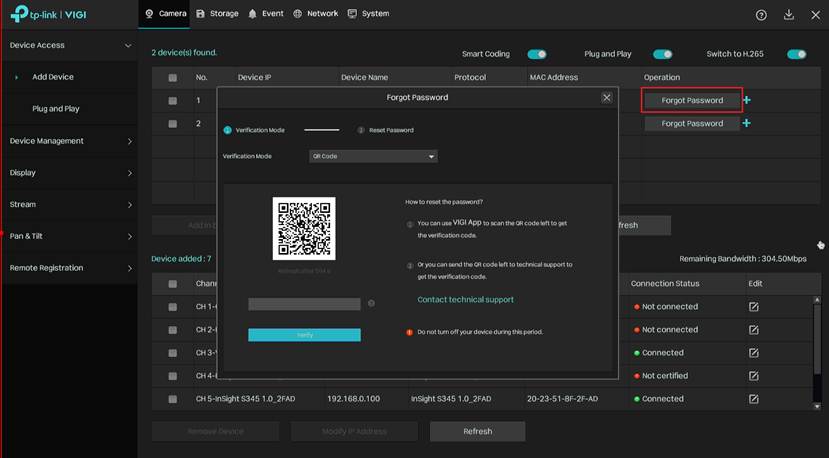Password recovery through the NVR