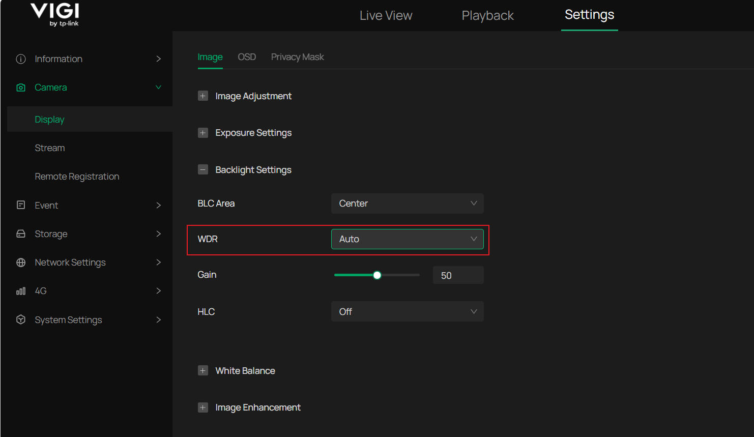 Backlight Settings page in the VIGI IPC web UI shows WDR set to Auto.