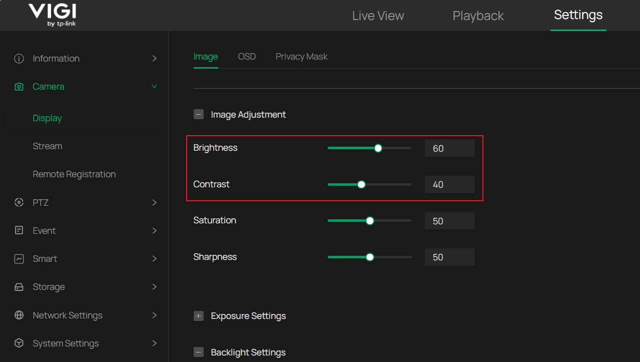 Image Settings page in the VIGI IPC web UI shows Brightness set to 60 and Contrast set to 40.