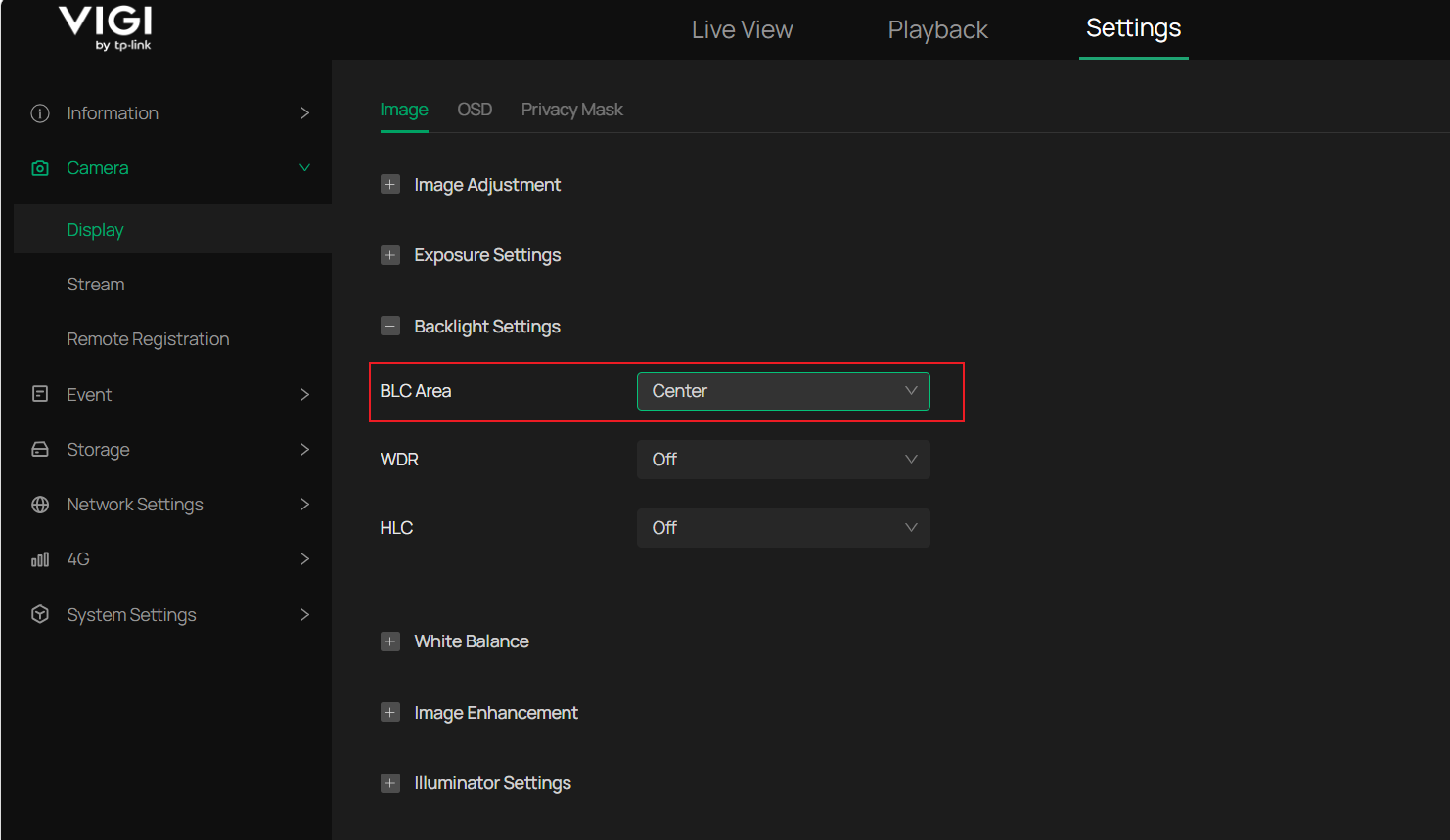 The Backlight Settings page in the VIGI IPC web UI displays the BLC Area set to Center.