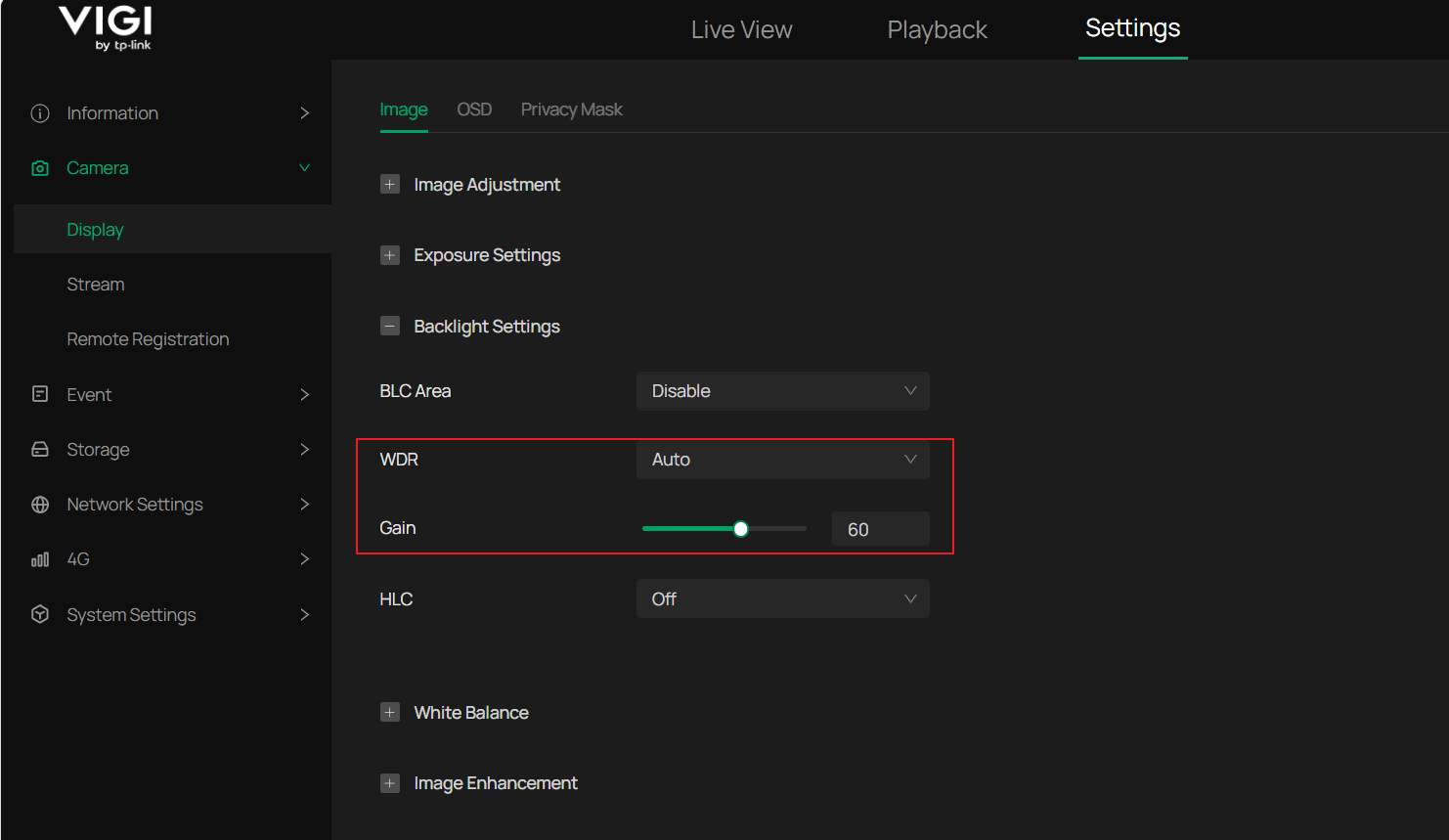 Backlight Settings page in the VIGI IPC web UI shows WDR set to Auto and Gain set to 60.