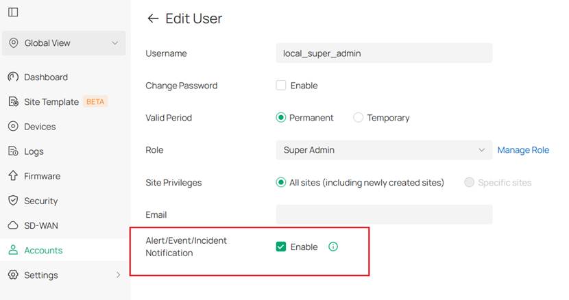 Show the page of Enable alert/event Emails in Controller