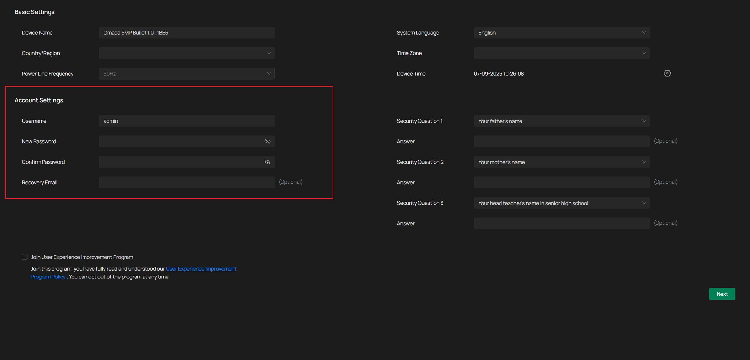 Location to set account settings
