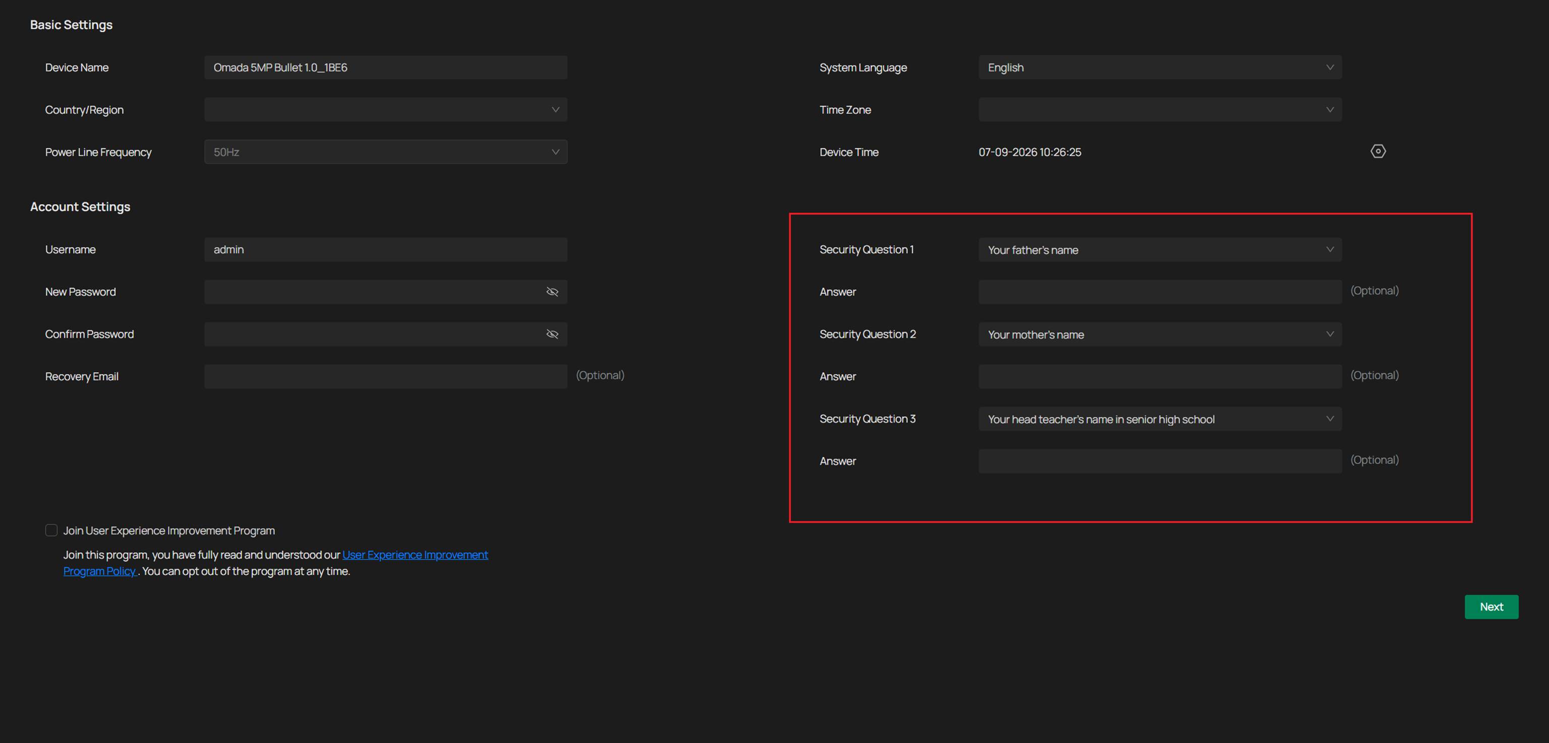 Location to set security questions