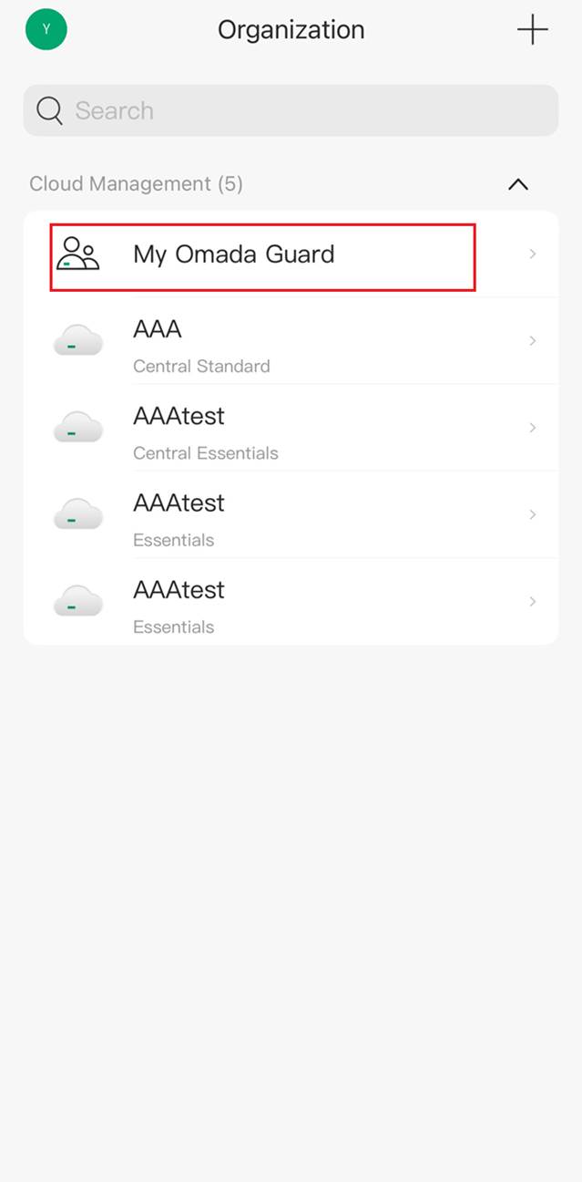 Omada Guard app page to select organization