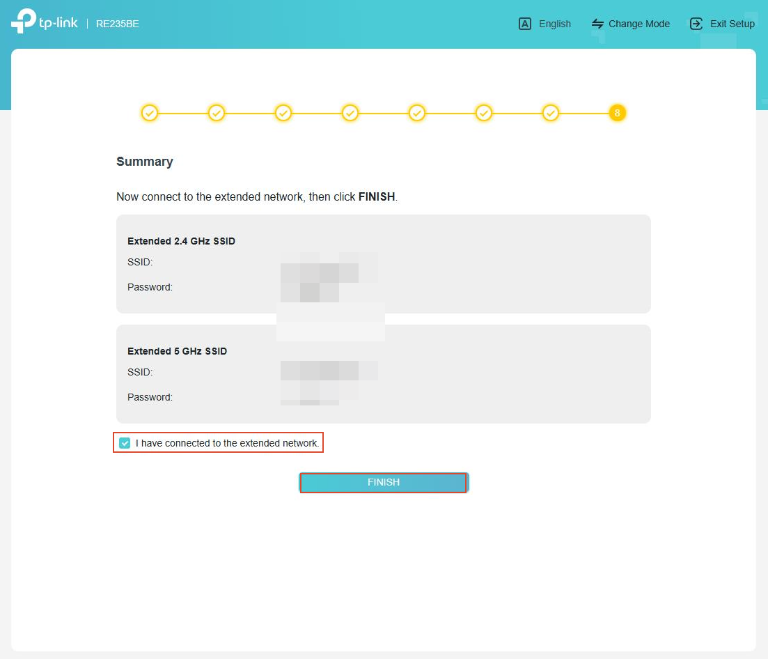 The interface displays the extender’s Wi-Fi name and password for you to connect.