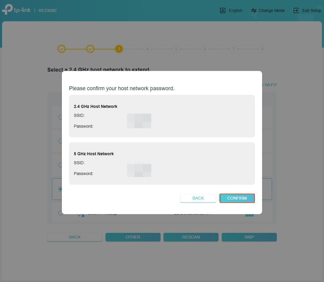 The Quick Setup page asking to confirm the router’s Wi-Fi name and password.