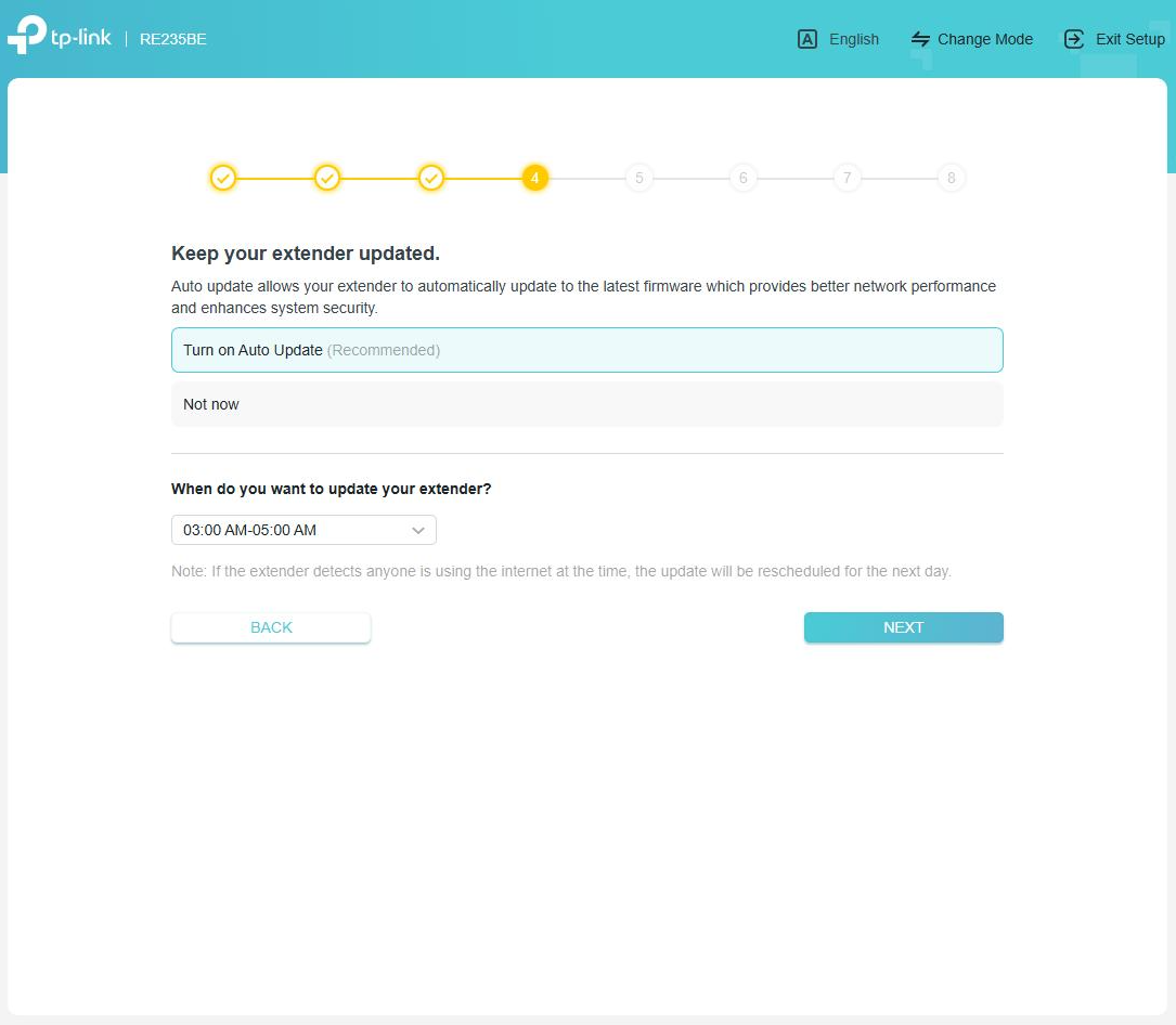 The Quick Setup page asks for permission to update the extender automatically.
