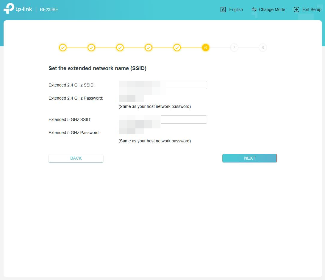 The Quick Setup page for changing the extender’s Wi-Fi name.