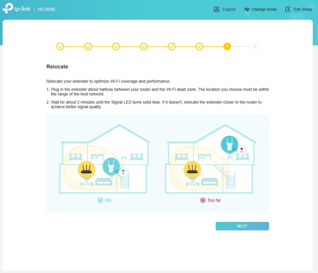 The Quick Setup page asking to relocate the extender.