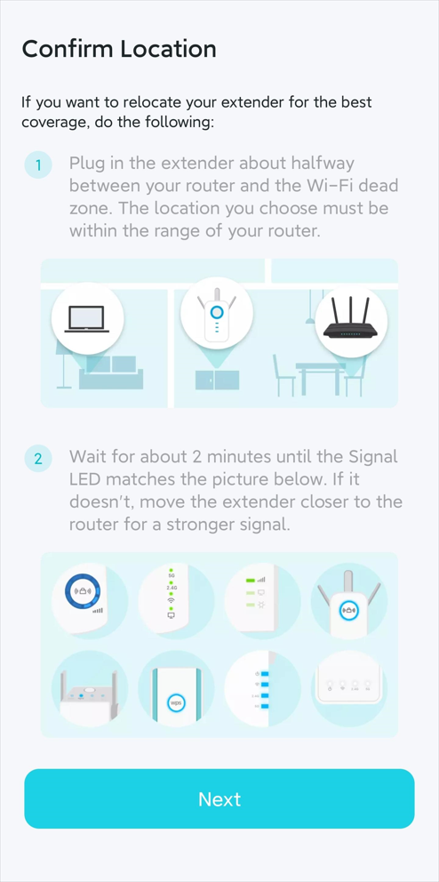App provides placement tips for the extender with a Next button.