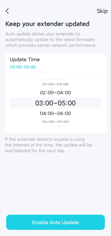 App asks to select a Time Range for Auto Update or Skip.