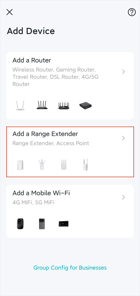 The Add Device page with three options: Add a Router, Add a Range Extender, and Add a Mobile Wi-Fi.