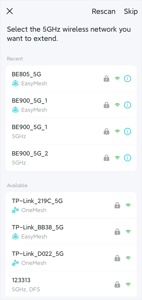 App page with available 5GHz networks to be selected from.