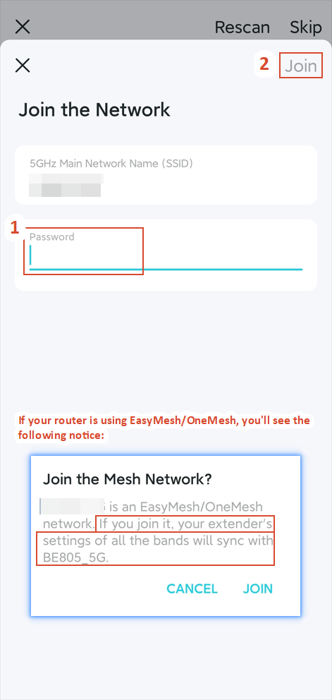 App page asking for the 5GHz Wi-Fi password to join.
