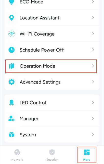 The Operation Mode position on the More page.