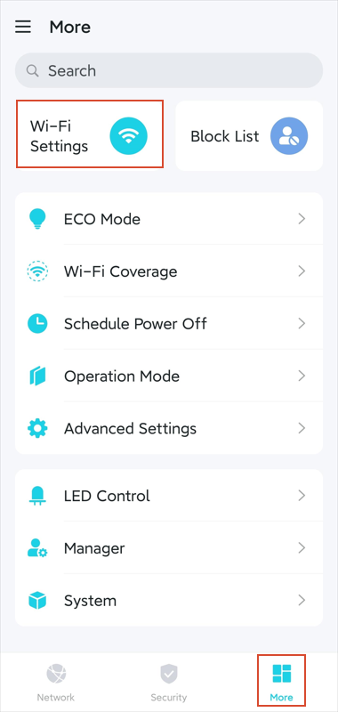 The Wi-Fi Settings position on the More page.