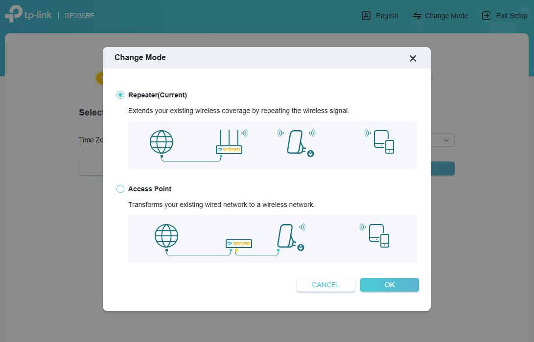 The Mode Switch window with two options: Repeater and Access Point.