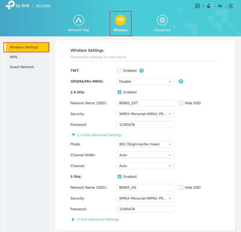 The Wireless Settings position on the Wireless page.