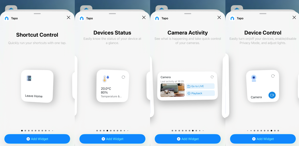 4 screenshots showing 4 types of widgets including shortcut control, device status, camera activity, and device control.