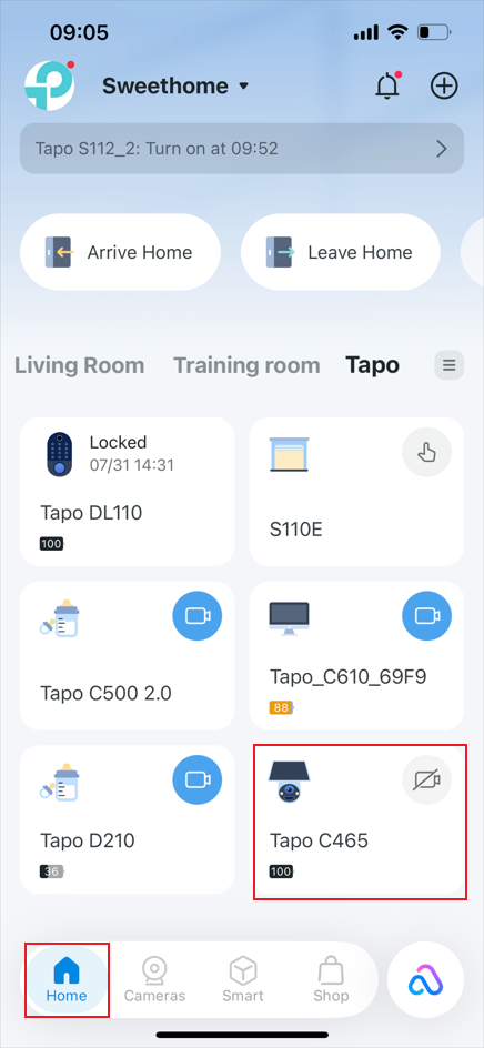 Tap camera device card from Tapo app Home page.