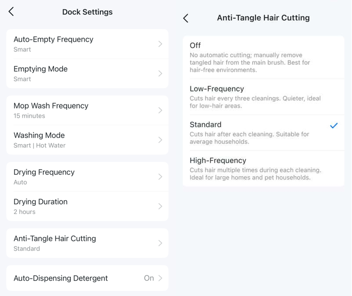 The Dock Settings include Anti-Tangle Hair Cutting with Off, Low-Frequency, Standard, and High-Frequency options.