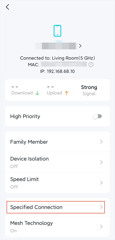 The Specified Connection position on the device’s page.