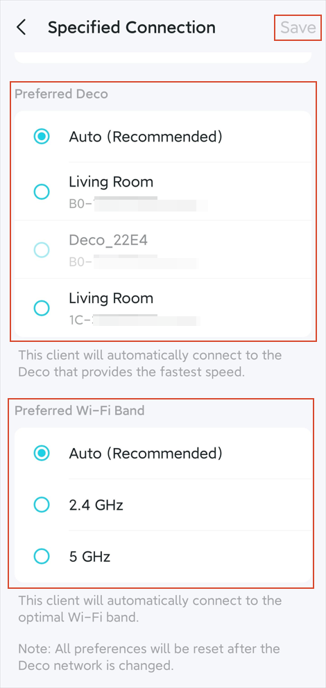 The Specified Connection page with options to select a preferred Deco and Wi-Fi band.