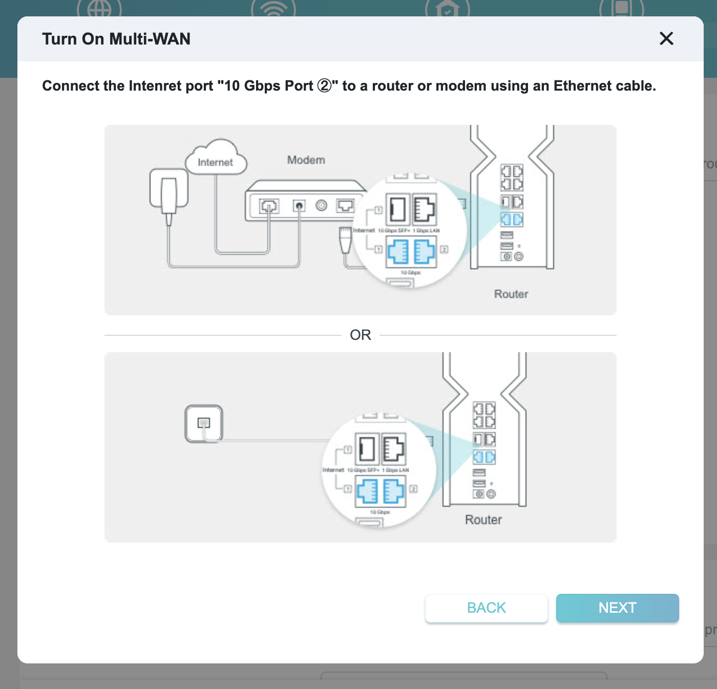 A visual guide on connecting a second Ethernet cable to provide Internet.