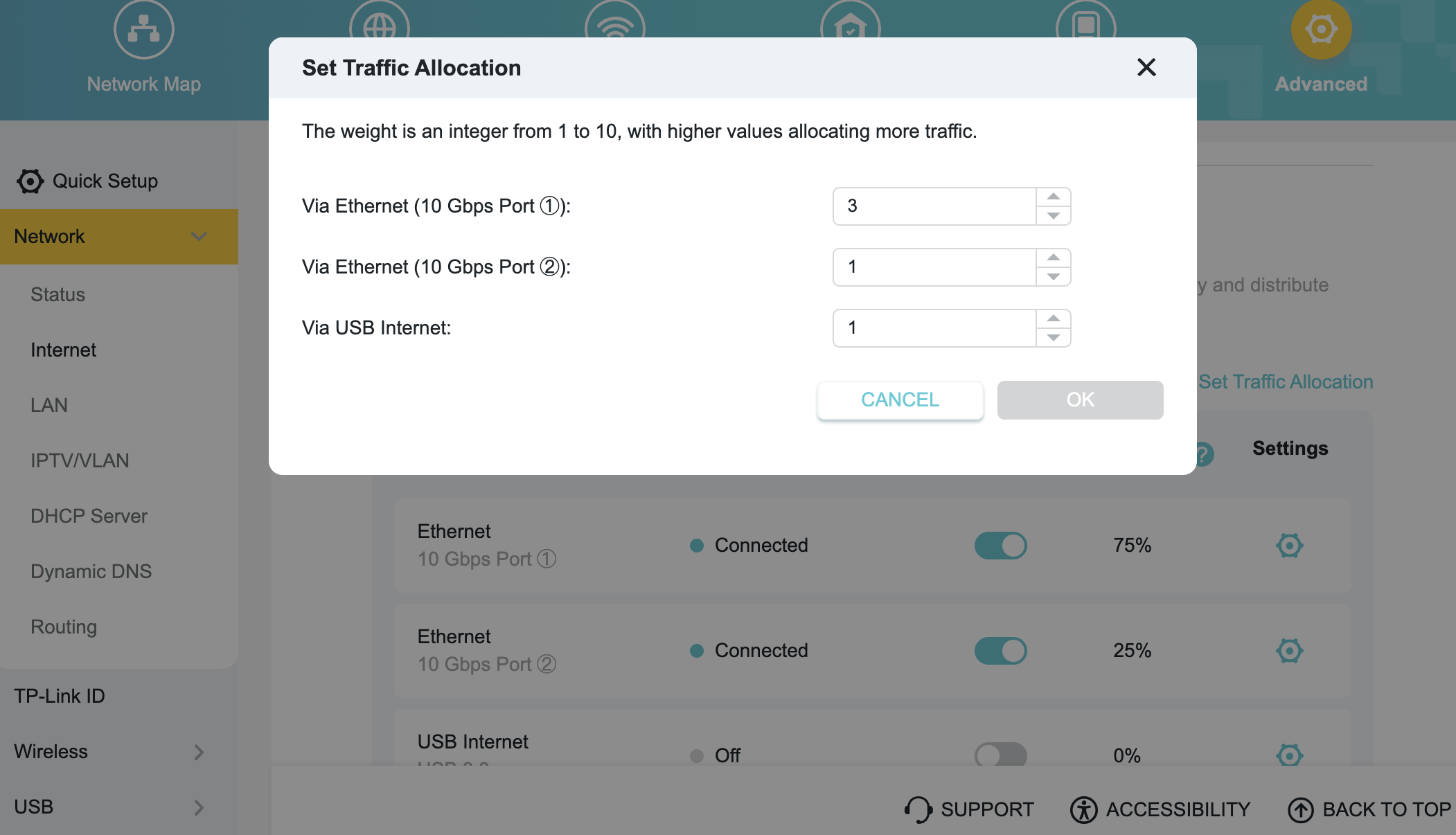 The Set Traffic Allocation page with options to adjust the ratios of each connection type.