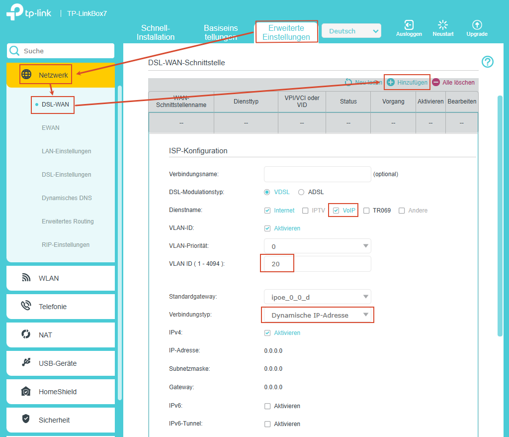Die DSL-WAN-Seite mit ausgewählter Option „VoIP“, der VLAN-ID „20“ und „Dynamische IP“ als Verbindungstyp.