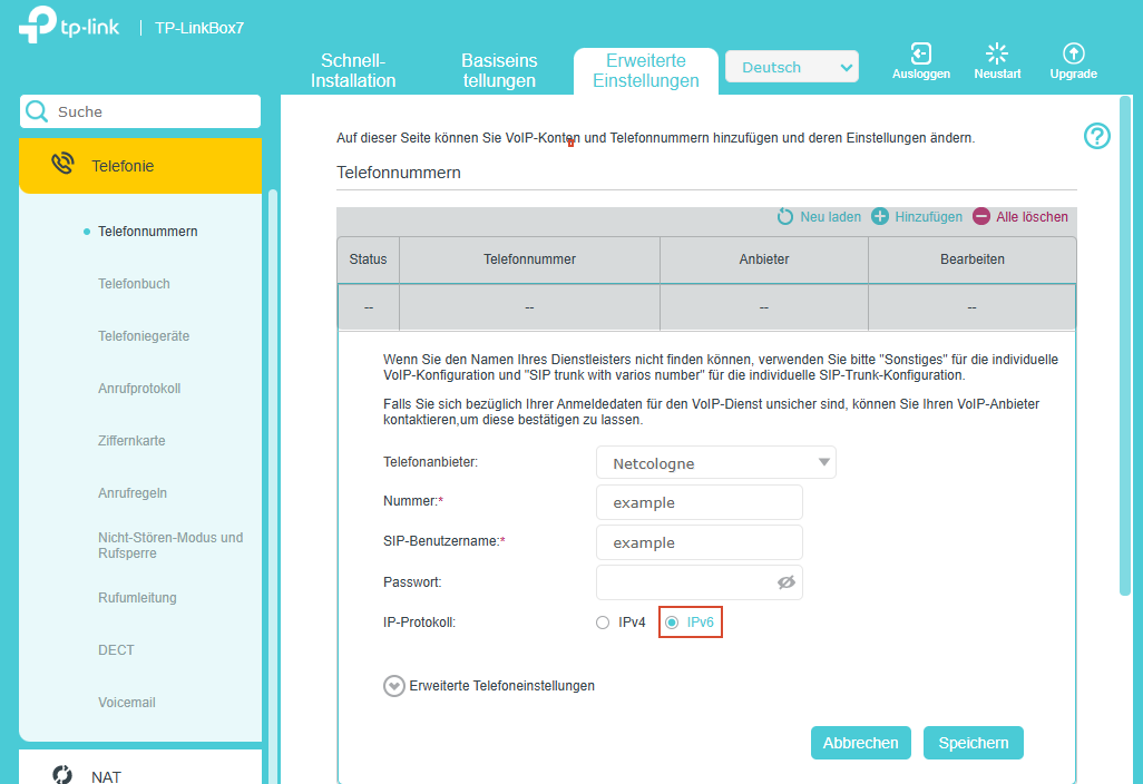 Die Seite „Telefonie“ mit ausgewählter Option „IPv6“.