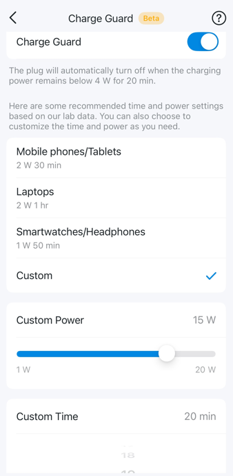 Screenshot of Charge Guard settings page showing that 3 device-specific presets are available, and custom mode is selected with a 15W power threshold and 20-minute duration.
