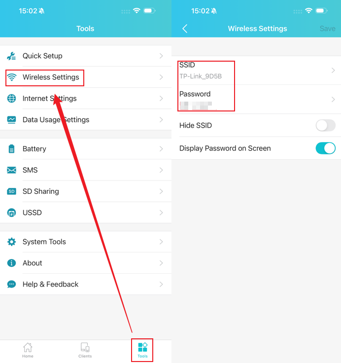 Tether-App: Schritt 1 auf Tools tippen, Schritt 2 Wireless Settings auswählen, Schritt 3 SSID- und Passwortfelder anzeigen und bearbeiten.