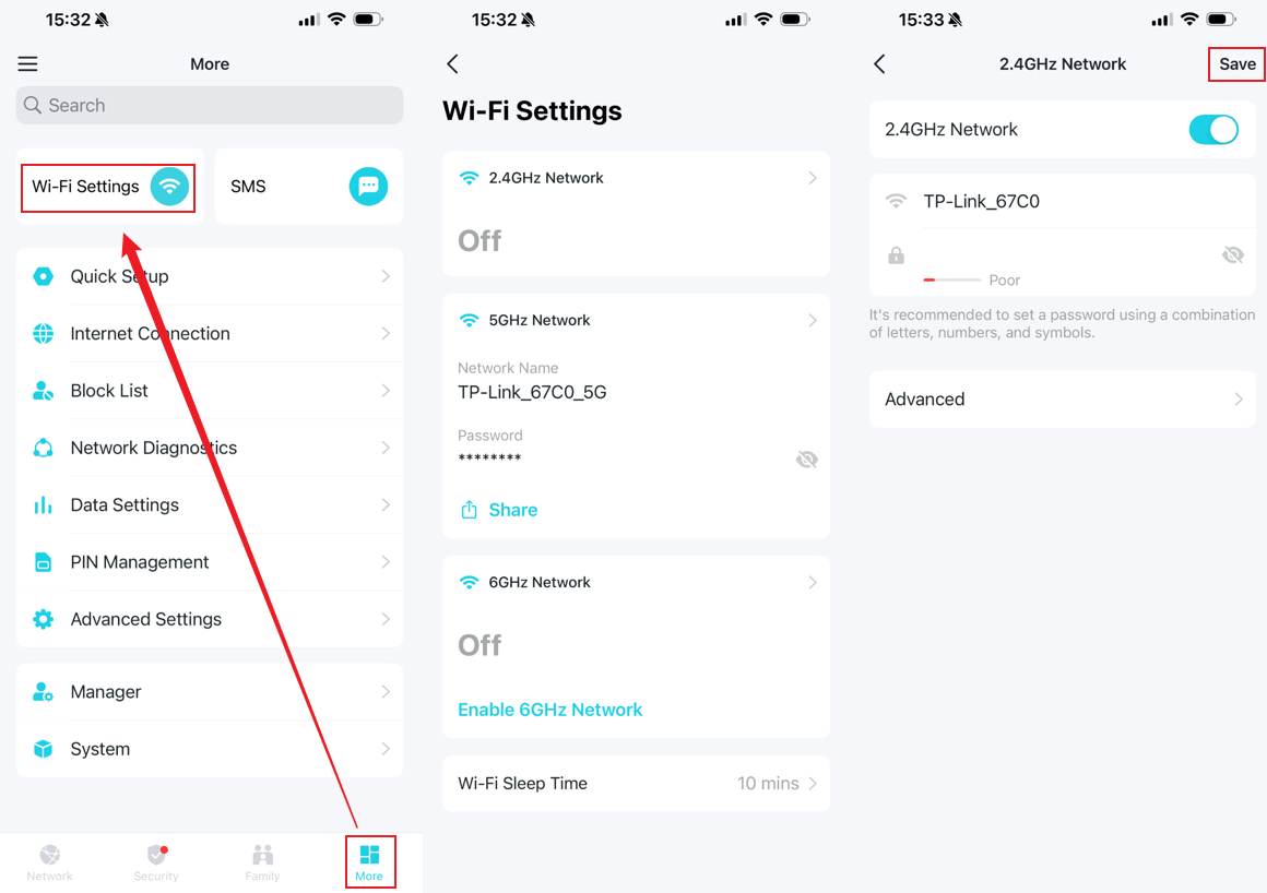 Tether-App: Schritt 1 auf More tippen, Schritt 2 Wi-Fi Settings auswählen, Schritt 3 2.4GHz Network auswählen, Schritt 4 Einstellungen bearbeiten und Save auswählen.