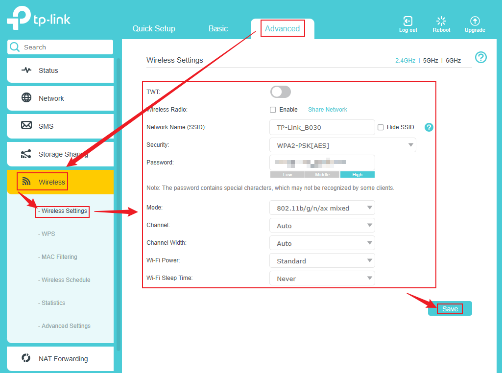 TP-Link-Router-Weboberfläche mit Advanced > Wireless > Wireless Settings; SSID, Sicherheit, Modus, Kanal und die Schaltfläche Save sind hervorgehoben.