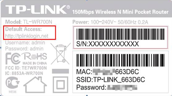 Etikett des TP-Link TL-WR700N mit hervorgehobener Standardzugangs-URL tplinklogin.net sowie Standardbenutzername und -passwort.