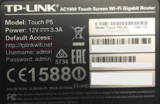 Etikett des TP-Link Touch P5 Routers mit der Standardzugangs-URL tplinkwifi.net sowie Standardbenutzername und -passwort.