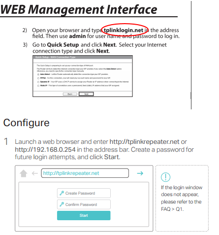 TP-Link-Anleitung mit eingekreistem tplinklogin.net in den Schritten zur WEB-Verwaltungsoberfläche und darunter die Anmeldung über tplinkrepeater.net mit Feldern zum Erstellen eines Passworts.