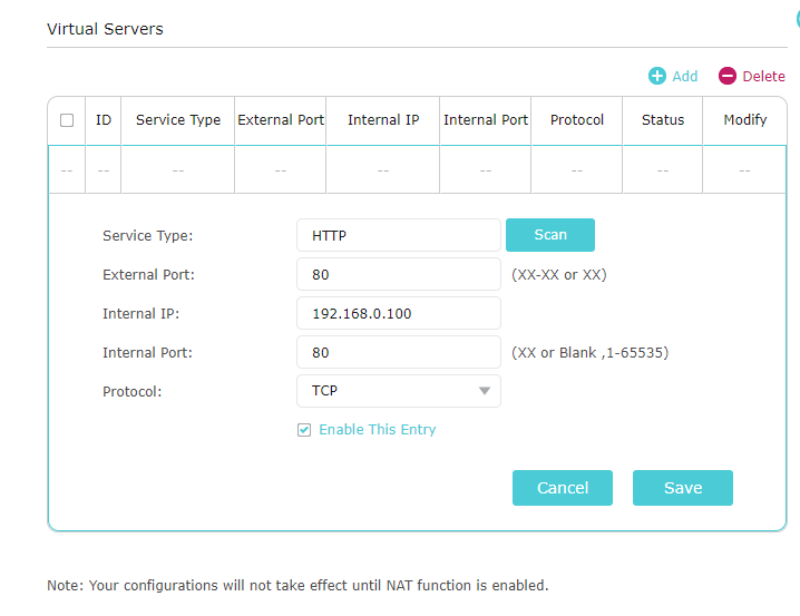 Formular „Virtual Servers“ mit dem Diensttyp HTTP, dem externen Port 80, der internen IP-Adresse 192.168.0.100 und dem Protokoll TCP.