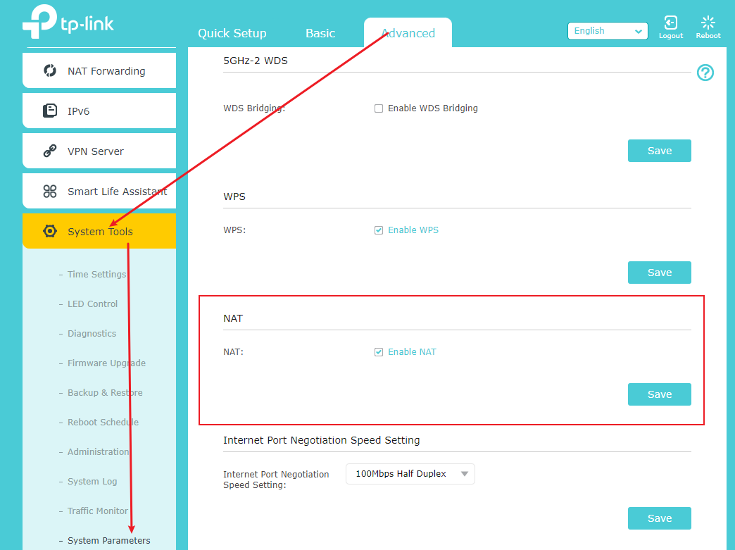 Seite Advanced > System Parameters eines TP-Link-Routers mit hervorgehobenem NAT-Bereich und Kontrollkästchen Enable NAT.