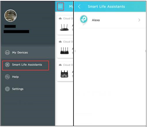 Zwei Ansichten: Im App-Menü ist „Smart Life Assistants“ hervorgehoben und auf der Seite „Smart Life Assistants“ wird Alexa angezeigt.