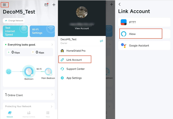 Drei Ansichten: Das Menüsymbol ist hervorgehoben, im Kontomenü ist „Link Account“ markiert und auf der Seite „Link Account“ ist Alexa hervorgehoben.